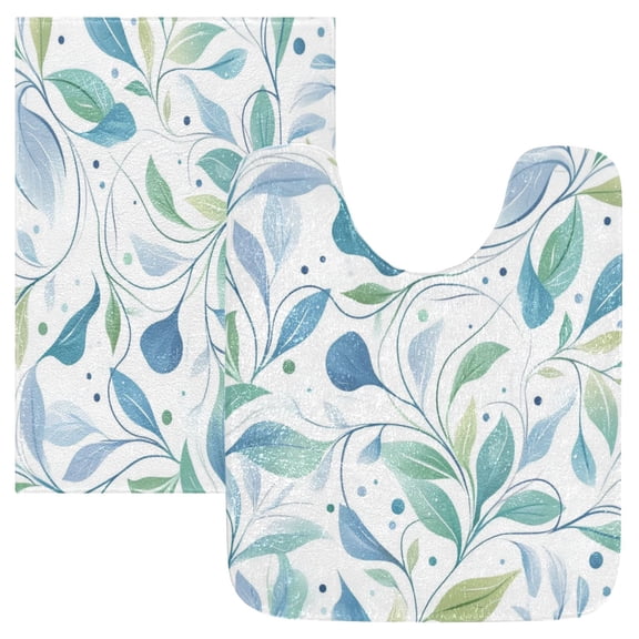 2 Piece Soft Bathroom Rug Set Blue Leaves Bath Mat and U-Shaped Toilet Contour Rug (16"x24" 20"x24")