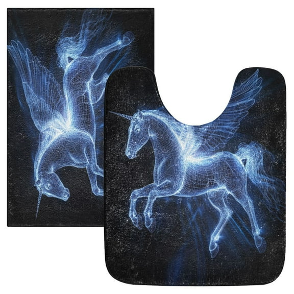 2 Piece Soft Bathroom Rug Set Blue Light Effect Pegasus Bath Mat and U-Shaped Toilet Contour Rug (16"x24" 20"x24")