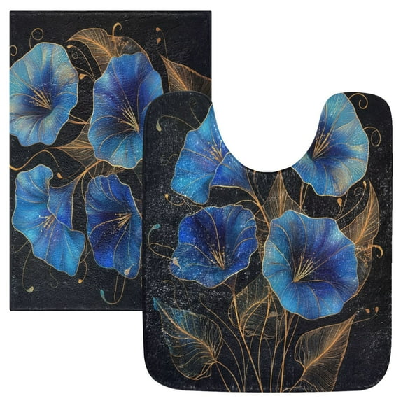 2 Piece Soft Bathroom Rug Set Blue Morning Glory Flowers Bath Mat and U-Shaped Toilet Contour Rug (16"x24" 20"x24")