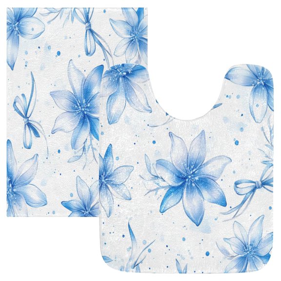 2 Piece Soft Bathroom Rug Set Blue Pastel Flowers Bath Mat and U-Shaped Toilet Contour Rug (16"x24" 20"x24")