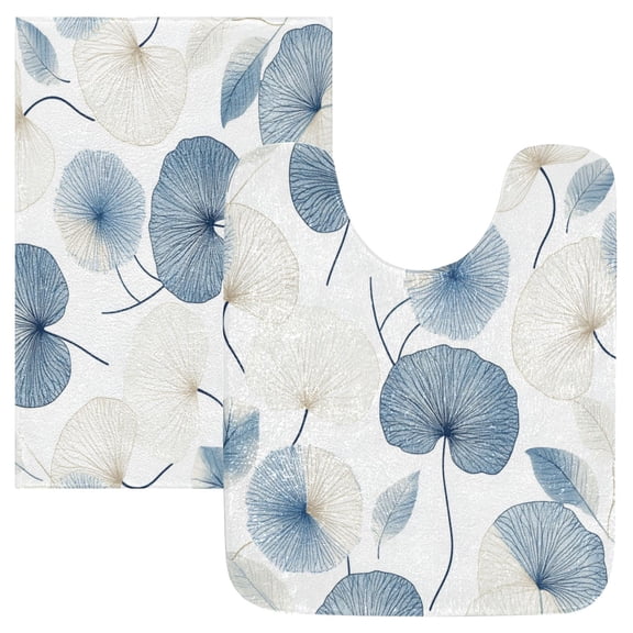 2 Piece Soft Bathroom Rug Set Blue and Beige Dandelion Bath Mat and U-Shaped Toilet Contour Rug (16"x24" 20"x24")