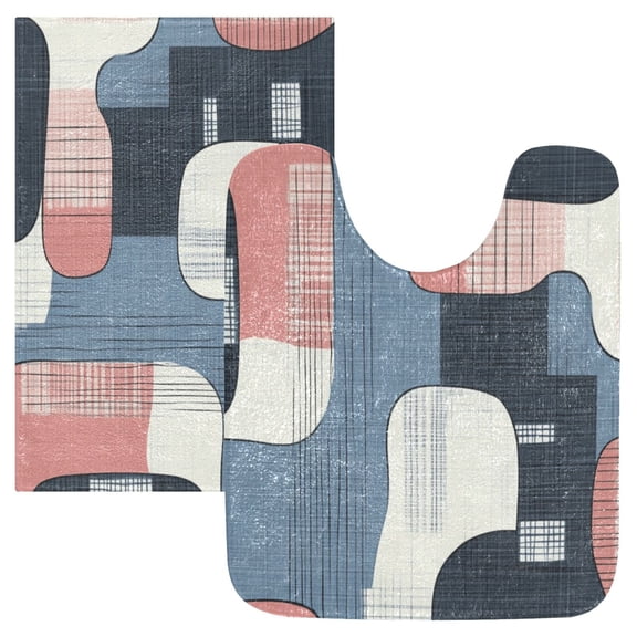 2 Piece Soft Bathroom Rug Set Blue and Pink Large Shapes Bath Mat and U-Shaped Toilet Contour Rug (16"x24" 20"x24")