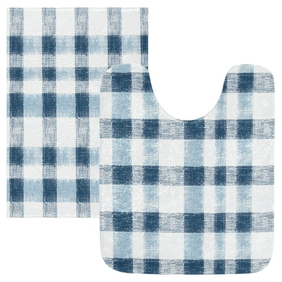 2 Piece Soft Bathroom Rug Set Blue and White Checkered Bath Mat and U-Shaped Toilet Contour Rug (16"x24"+20"x24")