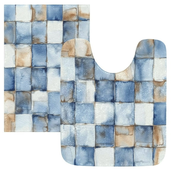 2 Piece Soft Bathroom Rug Set Blue and Whiten Square Tiles Bath Mat and U-Shaped Toilet Contour Rug (16"x24"+20"x24")