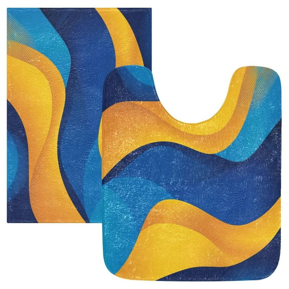 2 Piece Soft Bathroom Rug Set Blue and Yellow Background Bath Mat and U-Shaped Toilet Contour Rug (16"x24" 20"x24")