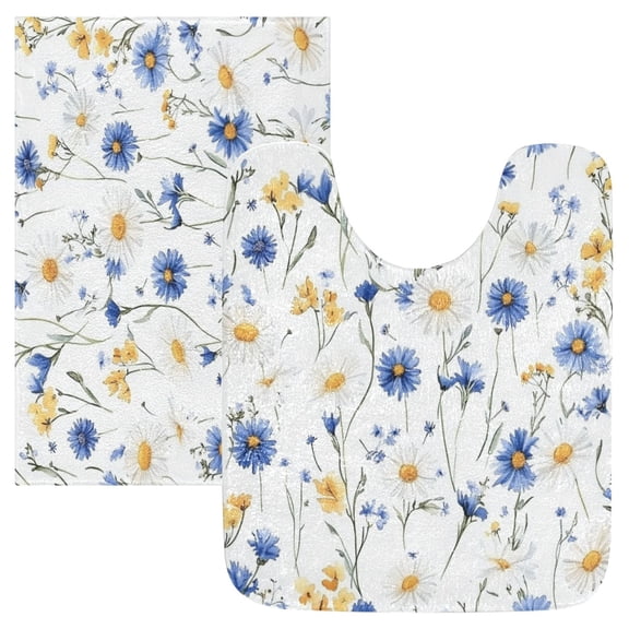 2 Piece Soft Bathroom Rug Set Blue and Yellow Wildflowers Bath Mat and U-Shaped Toilet Contour Rug (16"x24" 20"x24")