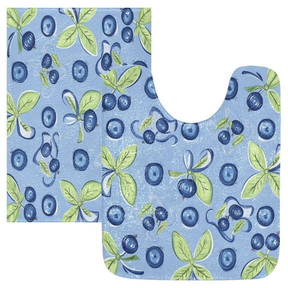 2 Piece Soft Bathroom Rug Set Blueberry and Ribbon Bath Mat and U-Shaped Toilet Contour Rug (16"x24" 20"x24")