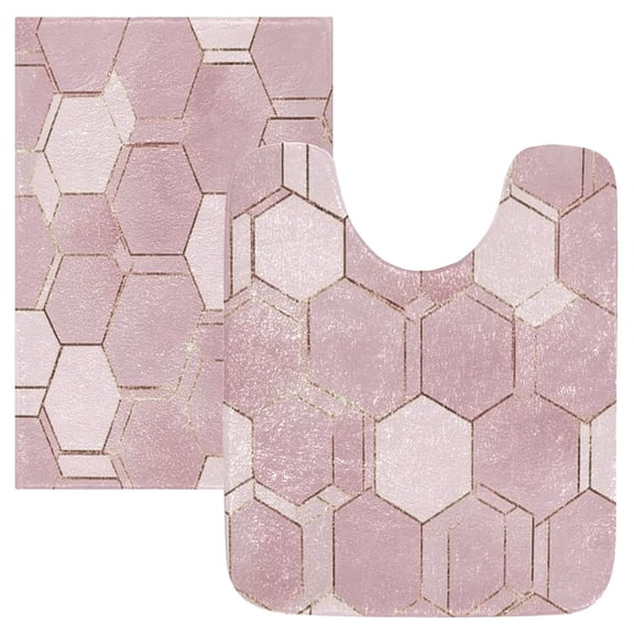2 Piece Soft Bathroom Rug Set Blush Pink Hexagon Bath Mat and U-Shaped Toilet Contour Rug (16"x24" 20"x24")