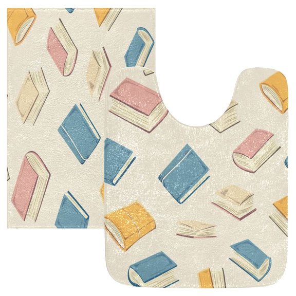 2 Piece Soft Bathroom Rug Set Books Pattern Bath Mat and U-Shaped Toilet Contour Rug (16"x24" 20"x24")