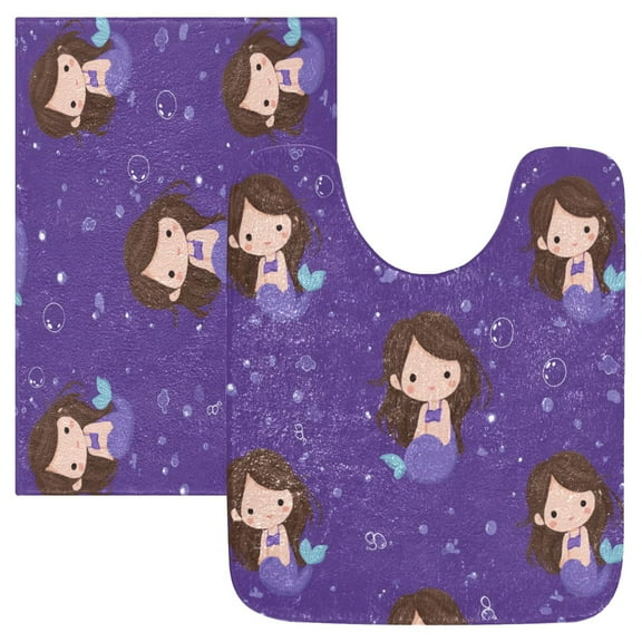 2 Piece Soft Bathroom Rug Set Brown Hair Mermaid Bath Mat and U-Shaped Toilet Contour Rug (16"x24" 20"x24")