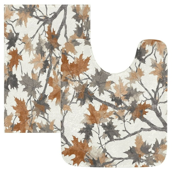 2 Piece Soft Bathroom Rug Set Brown Leaves Pattern Bath Mat and U-Shaped Toilet Contour Rug (16"x24" 20"x24")