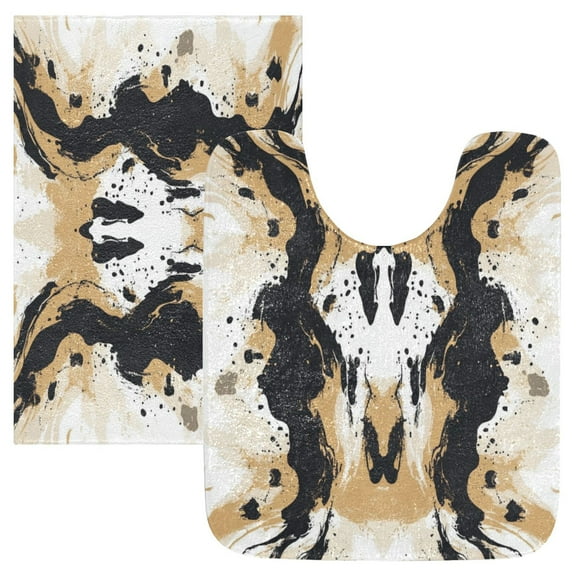2 Piece Soft Bathroom Rug Set Brown and Black Pattern Bath Mat and U-Shaped Toilet Contour Rug (16"x24"+20"x24")