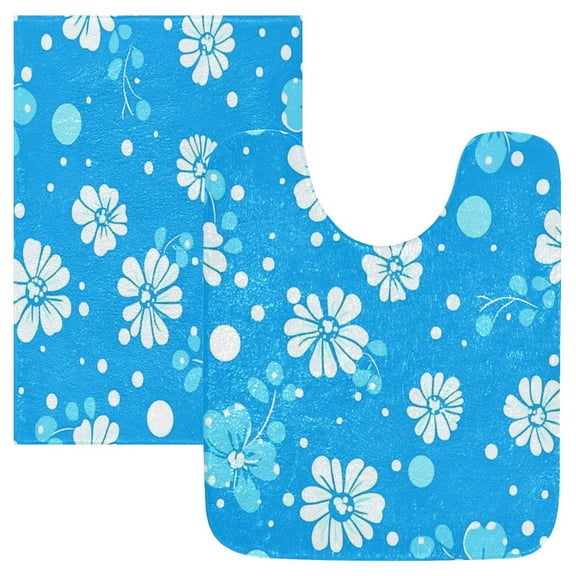 2 Piece Soft Bathroom Rug Set Bubbles and Flowers Bath Mat and U-Shaped Toilet Contour Rug (16"x24"+20"x24")