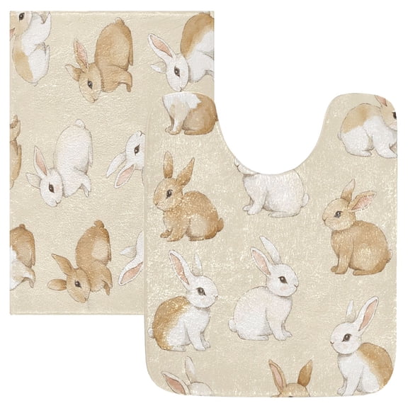 2 Piece Soft Bathroom Rug Set Bunnies Pattern Bath Mat and U-Shaped Toilet Contour Rug (16"x24" 20"x24")