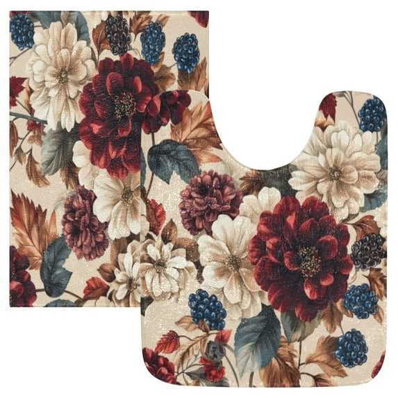 2 Piece Soft Bathroom Rug Set Burgundy Hydrangeas Bath Mat and U-Shaped Toilet Contour Rug (16"x24"+20"x24")