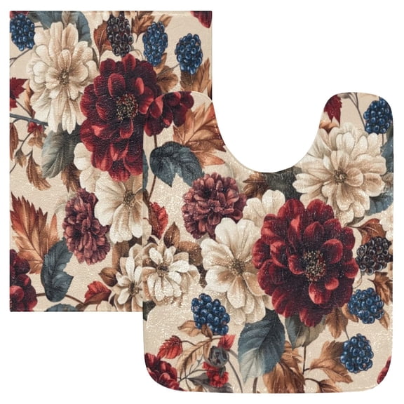 2 Piece Soft Bathroom Rug Set Burgundy Hydrangeas Bath Mat and U-Shaped Toilet Contour Rug (16"x24" 20"x24")