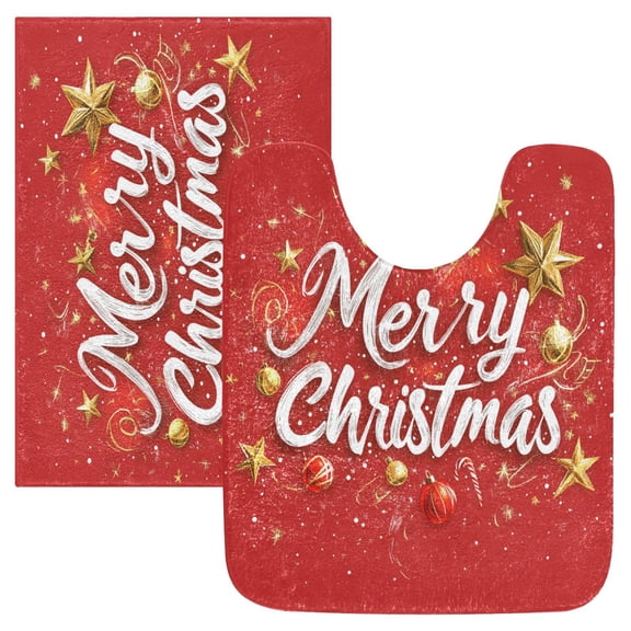 2 Piece Soft Bathroom Rug Set Calligraphy Of Merry Christmas Bath Mat and U-Shaped Toilet Contour Rug (16"x24"+20"x24")