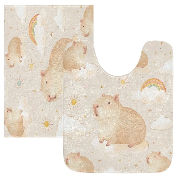 2 Piece Soft Bathroom Rug Set Capybara Pattern Bath Mat and U-Shaped Toilet Contour Rug (16"x24" 20"x24")