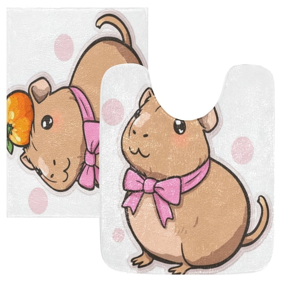 2 Piece Soft Bathroom Rug Set Capybara with A Bow Bath Mat and U-Shaped Toilet Contour Rug (16"x24"+20"x24")