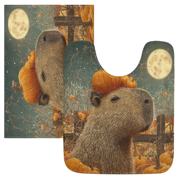 2 Piece Soft Bathroom Rug Set Capybara with A Pumpkin Bath Mat and U-Shaped Toilet Contour Rug (16"x24" 20"x24")
