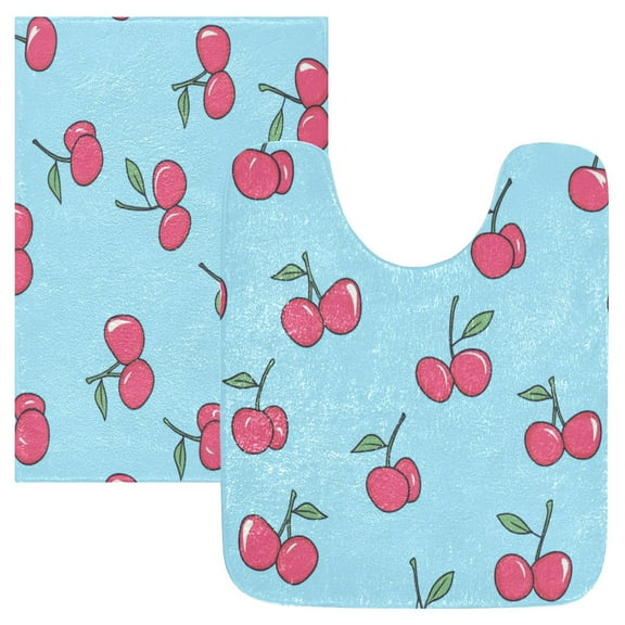 2 Piece Soft Bathroom Rug Set Cartoon Cherry Pattern Bath Mat and U-Shaped Toilet Contour Rug (16"x24" 20"x24")