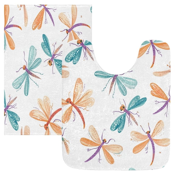2 Piece Soft Bathroom Rug Set Cartoon Dragonflies Pattern Bath Mat and U-Shaped Toilet Contour Rug (16"x24"+20"x24")
