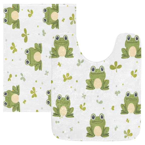 2 Piece Soft Bathroom Rug Set Cartoon Frog Pattern Bath Mat and U-Shaped Toilet Contour Rug (16"x24"+20"x24")