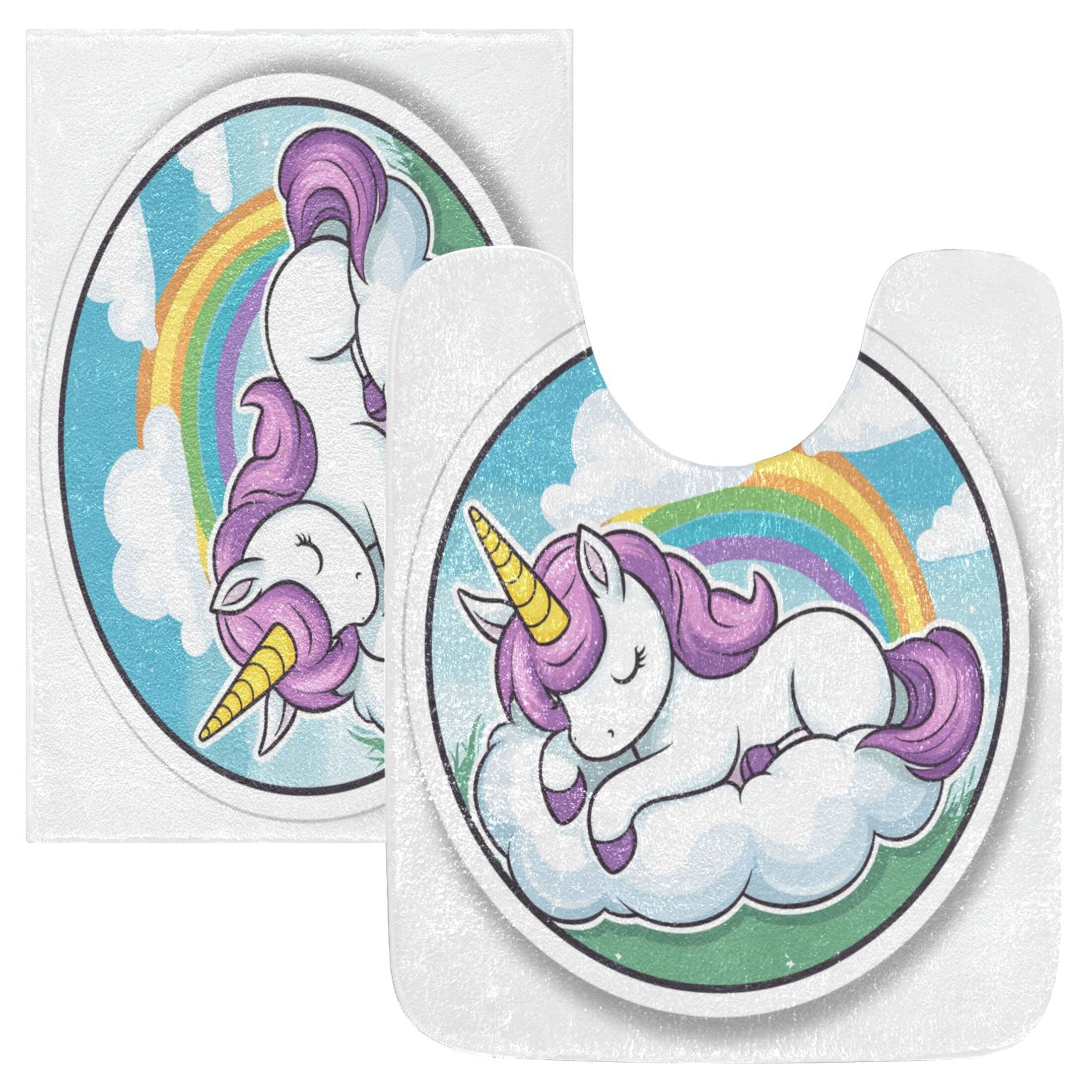 2 Piece Soft Bathroom Rug Set Cartoon Unicorn Sleeping Bath Mat and U ...