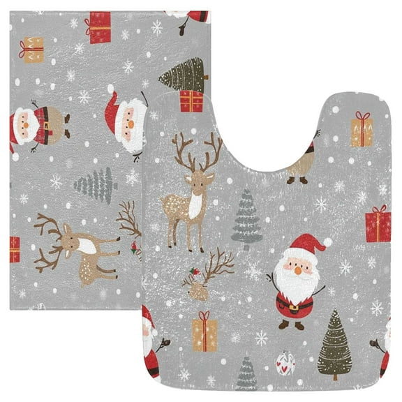 2 Piece Soft Bathroom Rug Set Cartoon-style Christmas Characters Bath Mat and U-Shaped Toilet Contour Rug (16"x24" 20"x24")
