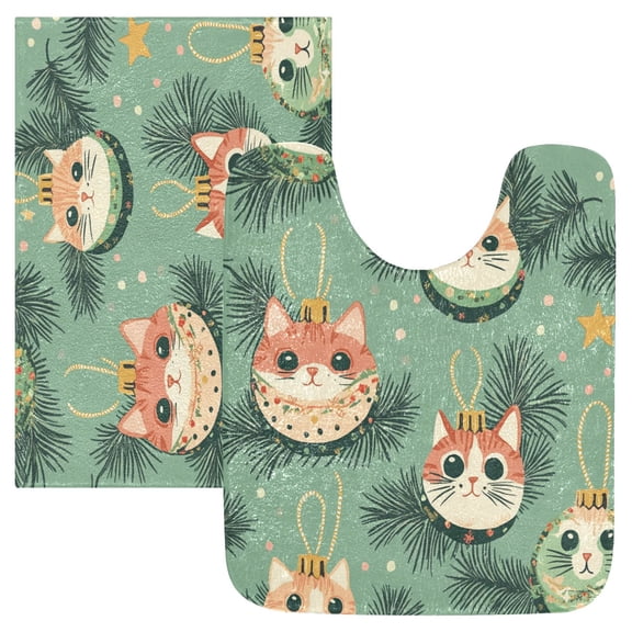 2 Piece Soft Bathroom Rug Set Cat Faces in Christmas Ornaments Bath Mat and U-Shaped Toilet Contour Rug (16"x24" 20"x24")