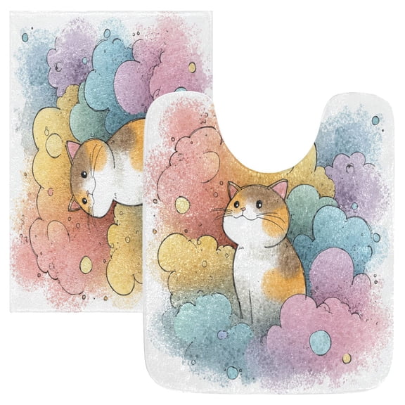 2 Piece Soft Bathroom Rug Set Cat and Colorful Clouds Bath Mat and U-Shaped Toilet Contour Rug (16"x24" 20"x24")