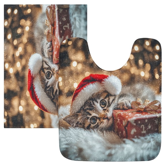 2 Piece Soft Bathroom Rug Set Cat in A Christmas Hat Bath Mat and U-Shaped Toilet Contour Rug (16"x24" 20"x24")