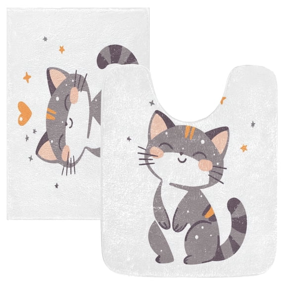 2 Piece Soft Bathroom Rug Set Cat with Eyes Closed and Smiling Bath Mat and U-Shaped Toilet Contour Rug (16"x24"+20"x24")