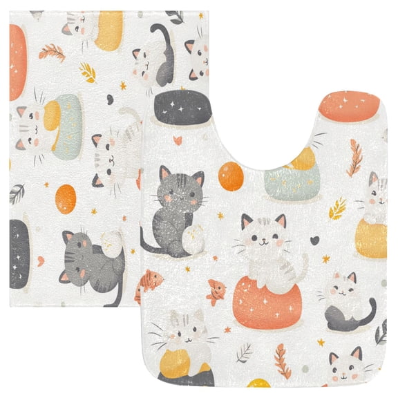 2 Piece Soft Bathroom Rug Set Cats and Fish Pattern Bath Mat and U-Shaped Toilet Contour Rug (16"x24"+20"x24")