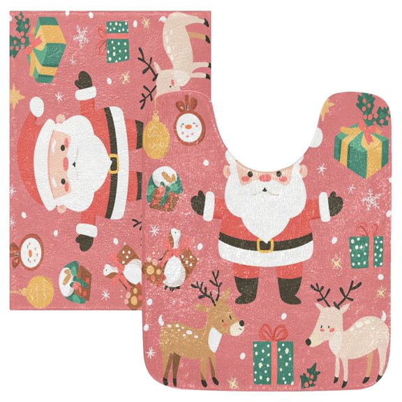 2 Piece Soft Bathroom Rug Set Christmas Day Elements Bath Mat and U-Shaped Toilet Contour Rug (16"x24" 20"x24")