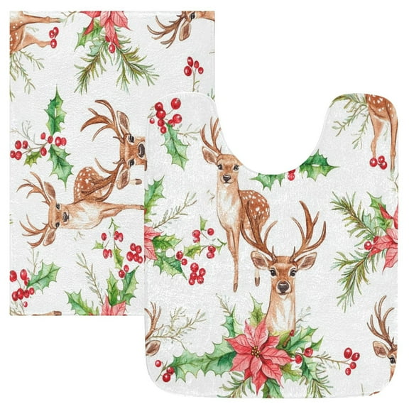 2 Piece Soft Bathroom Rug Set Christmas Deer Pattern Bath Mat and U-Shaped Toilet Contour Rug (16"x24" 20"x24")