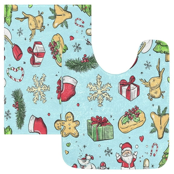 2 Piece Soft Bathroom Rug Set Christmas Doodle Set Bath Mat and U-Shaped Toilet Contour Rug (16"x24" 20"x24")