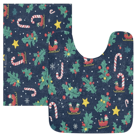 2 Piece Soft Bathroom Rug Set Christmas Pattern Bath Mat and U-Shaped Toilet Contour Rug (16"x24" 20"x24")