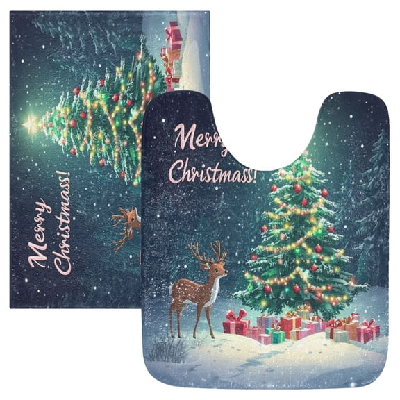2 Piece Soft Bathroom Rug Set Christmas Rree Decorated with Colored Lights Bath Mat and U-Shaped Toilet Contour Rug (16"x24" 20"x24")