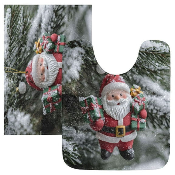 2 Piece Soft Bathroom Rug Set Christmas Santa Claus Ornament Bath Mat and U-Shaped Toilet Contour Rug (16"x24" 20"x24")