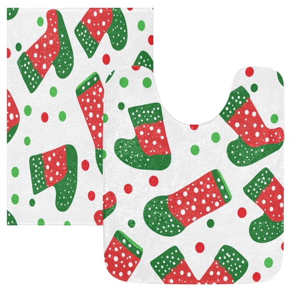 2 Piece Soft Bathroom Rug Set Christmas Socks Bath Mat and U-Shaped Toilet Contour Rug (16"x24" 20"x24")