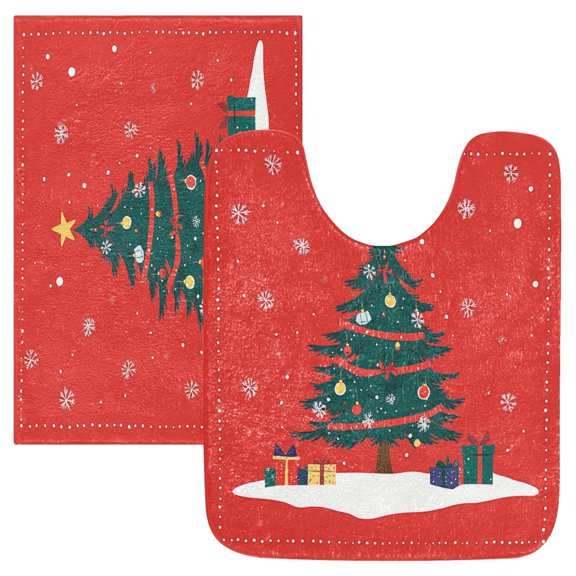 2 Piece Soft Bathroom Rug Set Christmas Tree Bath Mat and U-Shaped Toilet Contour Rug (16"x24" 20"x24")