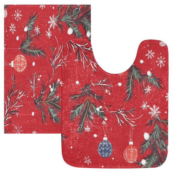 2 Piece Soft Bathroom Rug Set Christmas Tree Branches Bath Mat and U-Shaped Toilet Contour Rug (16"x24"+20"x24")