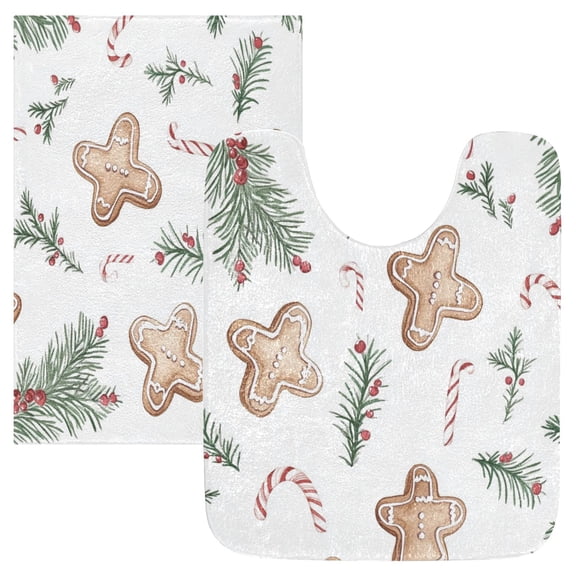 2 Piece Soft Bathroom Rug Set Christmas Tree Branches and Cookie Bath Mat and U-Shaped Toilet Contour Rug (16"x24"+20"x24")
