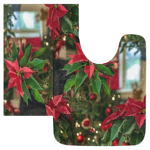 2 Piece Soft Bathroom Rug Set Christmas Tree Decorate Bath Mat and U-Shaped Toilet Contour Rug (16"x24" 20"x24")