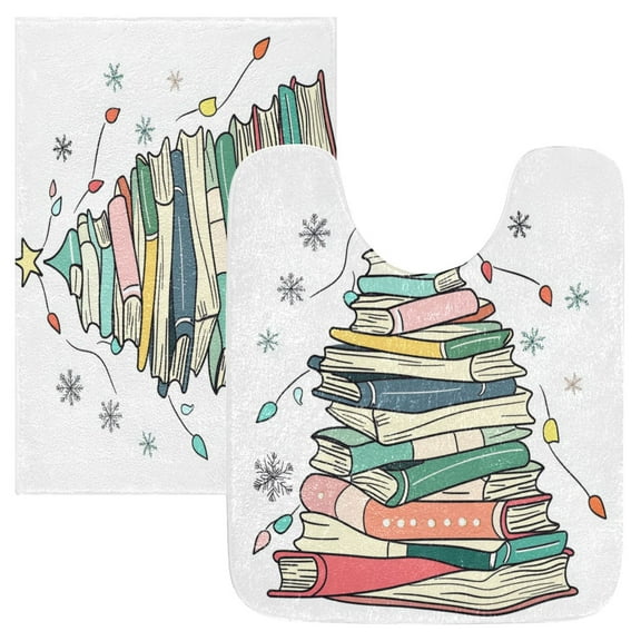2 Piece Soft Bathroom Rug Set Christmas Tree Made Of Books Bath Mat and U-Shaped Toilet Contour Rug (16"x24" 20"x24")