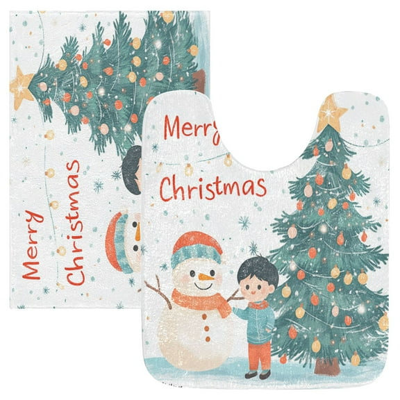 2 Piece Soft Bathroom Rug Set Christmas Tree and Snowman Bath Mat and U-Shaped Toilet Contour Rug (16"x24" 20"x24")