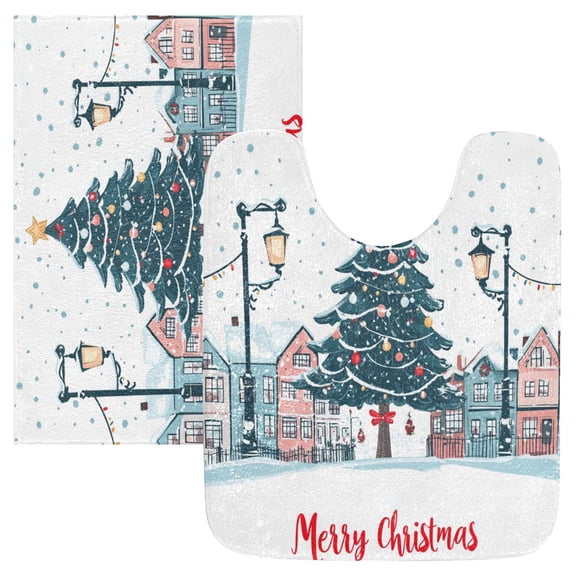 2 Piece Soft Bathroom Rug Set Christmas Tree in The City Bath Mat and U-Shaped Toilet Contour Rug (16"x24" 20"x24")