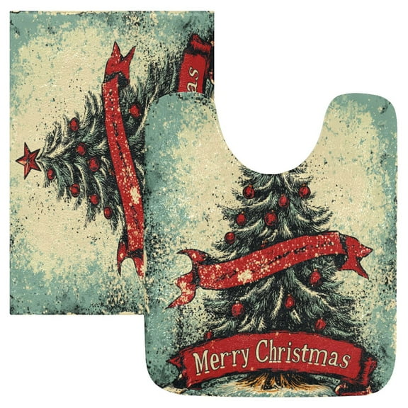 2 Piece Soft Bathroom Rug Set Christmas Tree with Red Banner Bath Mat and U-Shaped Toilet Contour Rug (16"x24" 20"x24")