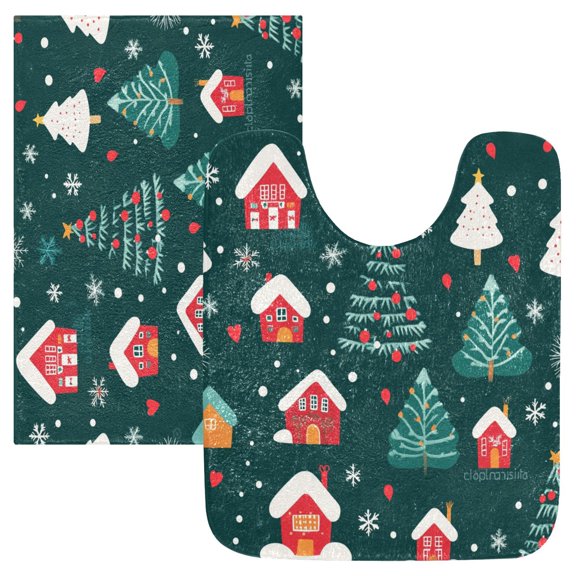 2 Piece Soft Bathroom Rug Set Christmas Trees and Houses Bath Mat and U-Shaped Toilet Contour Rug (16"x24" 20"x24")